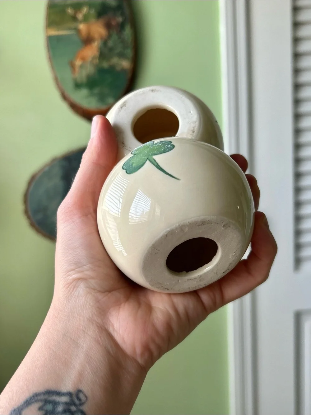 Vintage Cream & Green Shamrock Ceramic Irish Candle Tealight Holder Set of 2